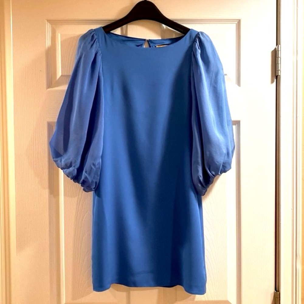 Alice + Olivia 100% Silk Paris Blue Balloon Sleeve Mini Smock Min Dress Sz S